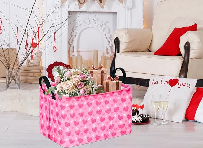 Girls Storage Basket Heart Print Storage Cube for Women, Closet Shelf Organizer Bins Empty Gift Basket with Handles Girls Nursery hamper Kids Toys Books Box Room Deco