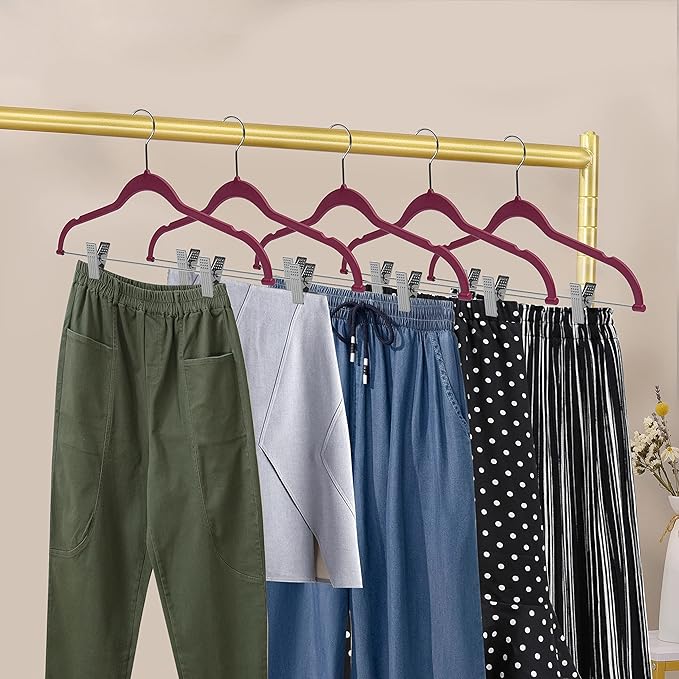 80 Pack Raspberry Quality Plastic Non Velvet Non-Flocked Thin Compact Coat Hangers with Metal Clips for Skirts Pants Blouses 360° Swivel Hook
