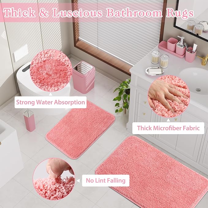 Bathroom Accessory Set–Bathroom Sets with Shower Curtain and Rugs, Non Slip Bathroom Rugs Super Absorbent, Pink Ombre Waterproof Shower Curtain with Hooks, Pink Bathroom Sets Complete for Home