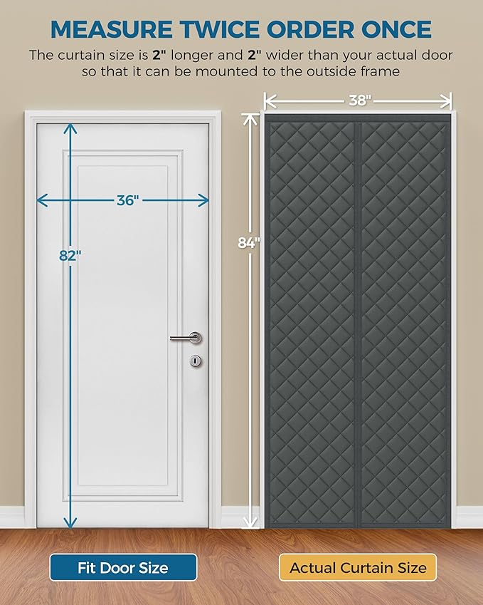Magnetic Thermal Insulated Door Curtain Fits Door Size 36 x 82 Inch, Insulation Cover for Cold, Oxford Cloth Thicken Cotton Filled Blanket for Front Back Attic Door in Winter, Grey