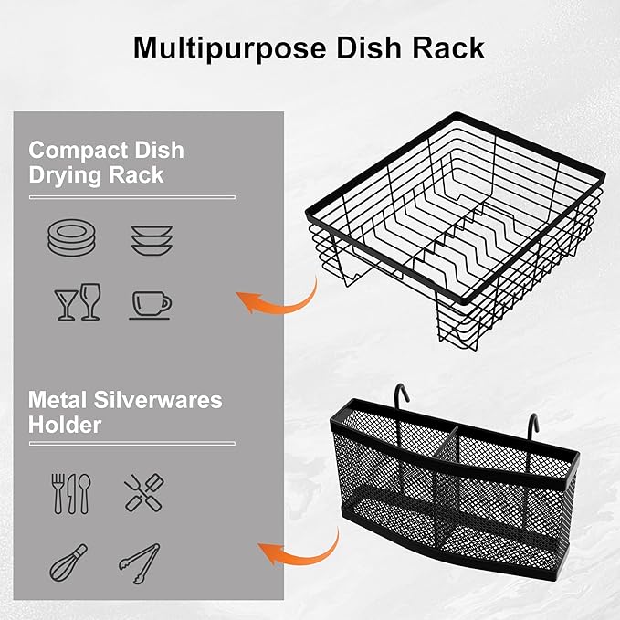 TQVAI Kitchen Dish Drying Rack Metal Dish Drainer with Full-Mesh Silverware Utensils Basket Holder, Black