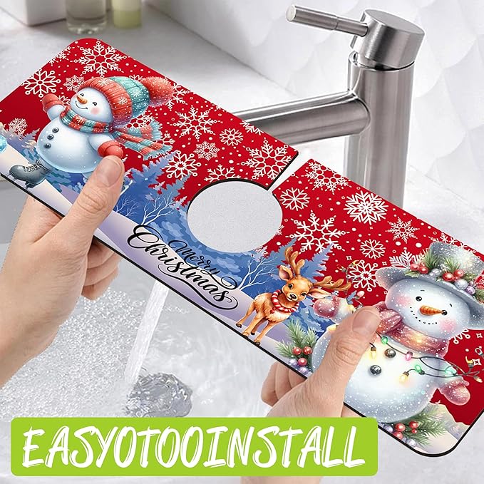 Chrismas Sink Splash Guard Faucet Mat Christmas Absorbent Fast Drying Mat Sink Gadgets Splash Guard Behind Faucet Drip Catcher for Kitchen Bathroom 15.5"X5.5"