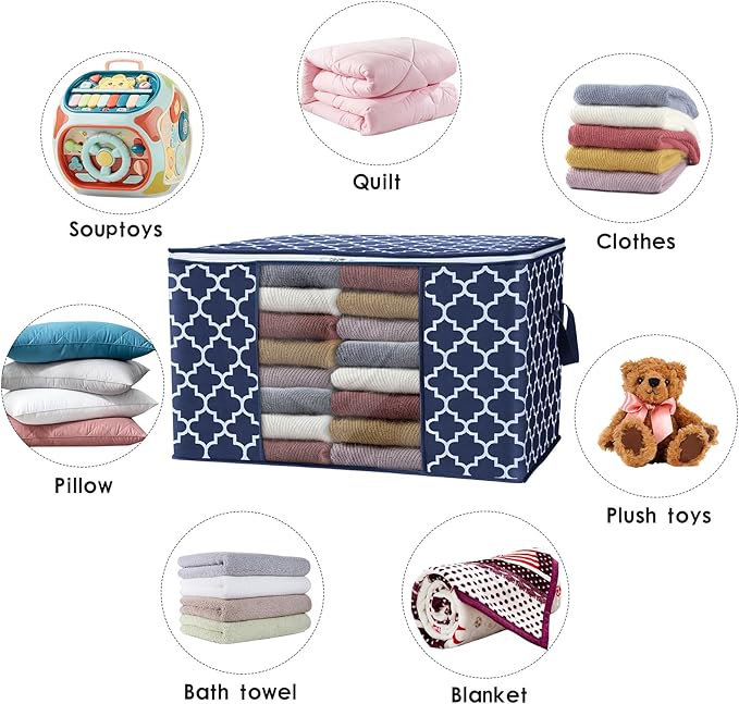 WISELIFE Storage Bags, Large Blanket Clothes Organization and Storage Containers for Bedding, Comforters, Foldable Organizer with Reinforced Handle, Clear Window,Sturdy Zippers,(Blue, 8 x 100L)