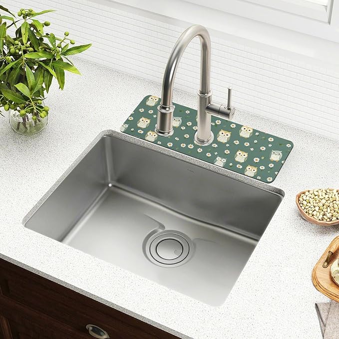 Kitchen Sink Splash Guard 2 PCS 14.7 Inch Sink Faucet Mat Splash Guard for Bathroom Countertop Water Absorbent Foldable Cuttable Soft Washable White Daisy Flower Owls
