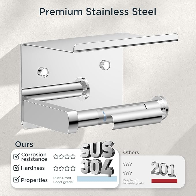 FORIOUS Toilet Paper Holder with Shelf, Adhesive or Screw Wall Mount Toilet Roll Holder for Bathroom, Rustproof 304 Stainless Steel Commercial Toilet Tissue Holder with Phone Shelf, Chrome