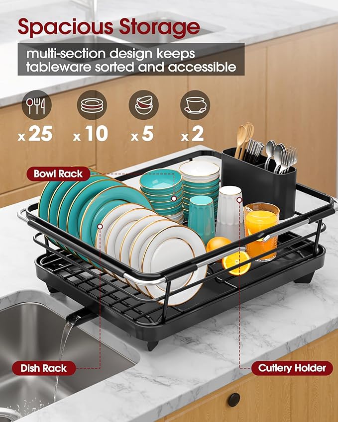 Extendable Dish Drying Rack Over Sink with Dish Drainer, Sink Organization and Storage Essentials with Silverware & Utensil Holder, Home and Apartment Decor, 12" W x 16.1~23" L, Black