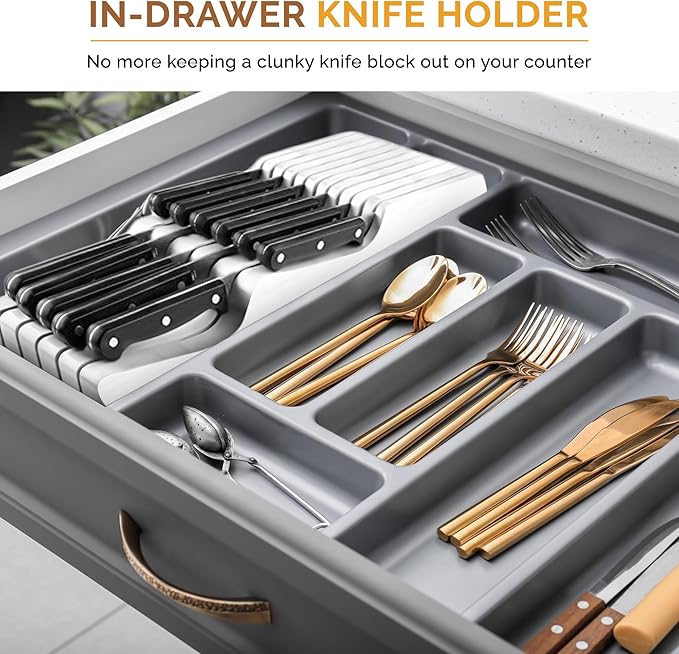 In-Drawer Knife Block - Bamboo Knife Drawer Organizer for Kitchen - Fits 5 Long + 6 Short Knives | Store Knives with Blades Pointing Down - Wooden Steak knife Holder without Knives (White)