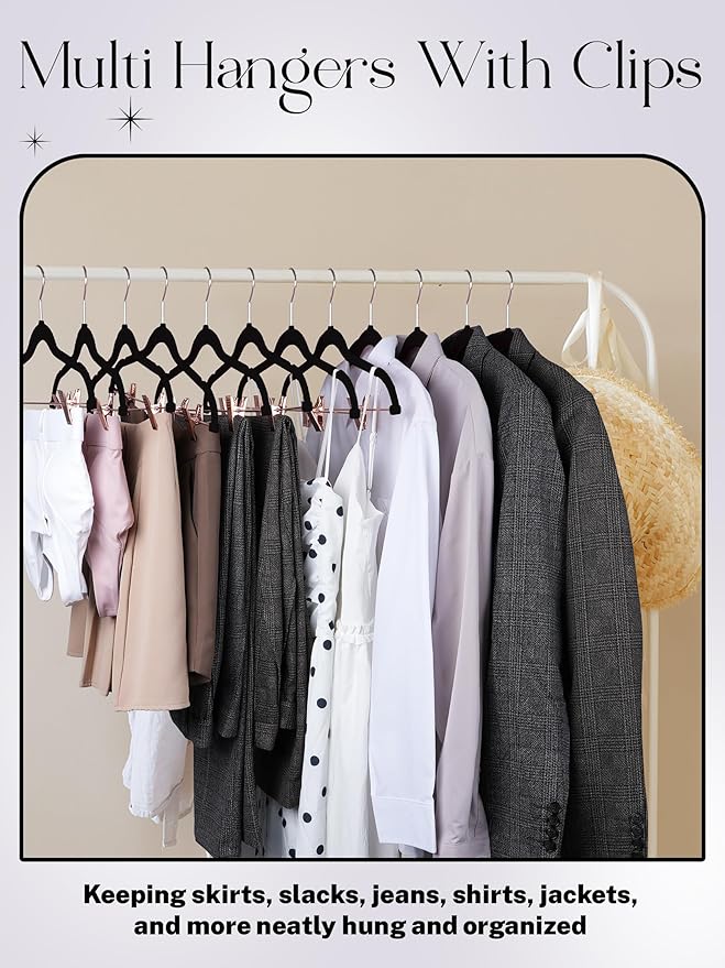 HOUSE DAY Velvet Pants Hangers with Clips 24 Pack, Ultra Thin Non Slip Velvet Skirt Hangers with Rose Gold Hooks Space Saving Clothes Hanger for Trouser, Skirts, Jeans, Dress, Coats (Black)