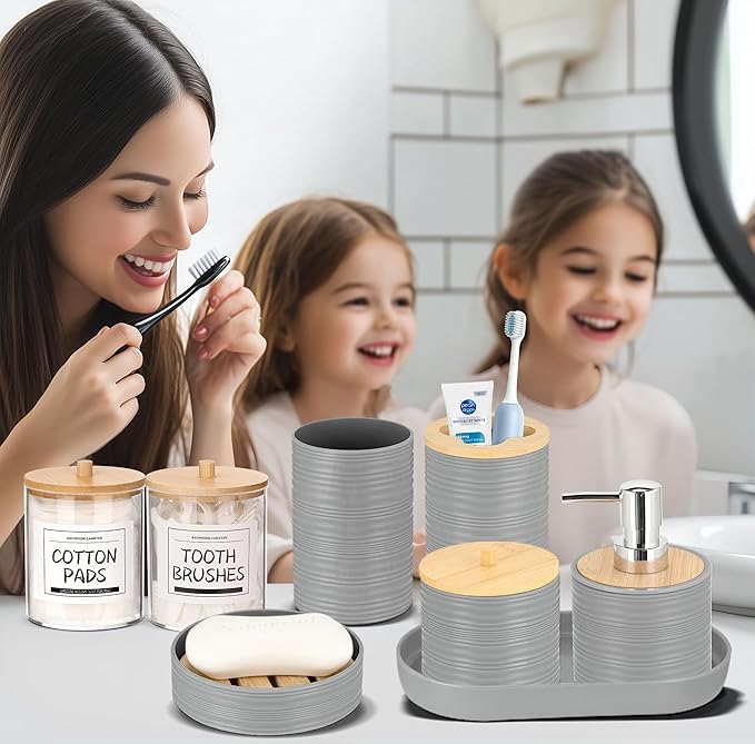 IMAVO Bathroom Accessory Set-11Pcs Grey Bathroom Accessories Set with Trash Can,Soap Dispenser,Soap Dish,Toothbrush Holder,Toothbrush Cup,Toilet Brush Holder,Qtip Holder Dispenser with Labels