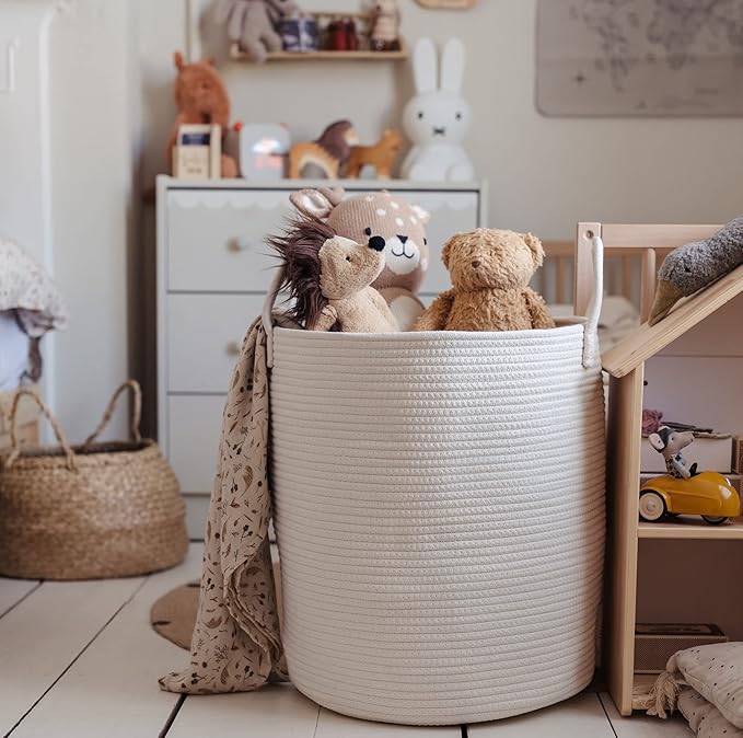 OrganiHaus Large Off-White Woven Laundry Basket w/Handles 52L, Rope Dirty Clothes Hamper, Blanket Basket for Living Room, Baby Laundry Hamper for Nursery, Soft & Durable Decorative Organizer Bin