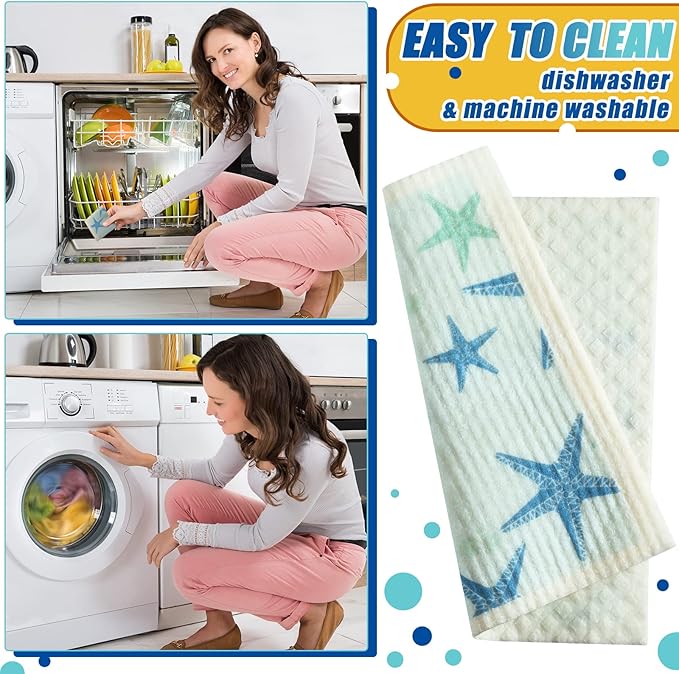 6 Pcs Swedish Kitchen Dish Towels Kitchen Cloths Reusable Sponge Cleaning Cloths Absorbent Dish Cloth Quick Drying Washable Cleaning Wipes No Odor Hand Towel (Ocean)