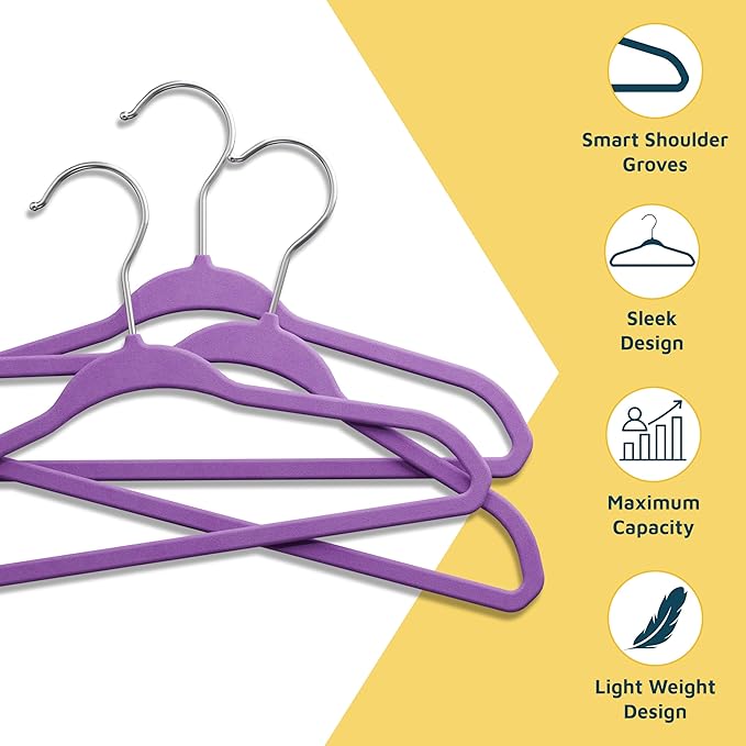 Purple Velvet Kids Hangers 30 Pack, 10.83" Non-Slip Baby & Toddler Hangers for Clothes, Space-Saving Slim ABS Plastic with 360° Swivel Hook & Notched Shoulders, Up to 10 lb Capacity