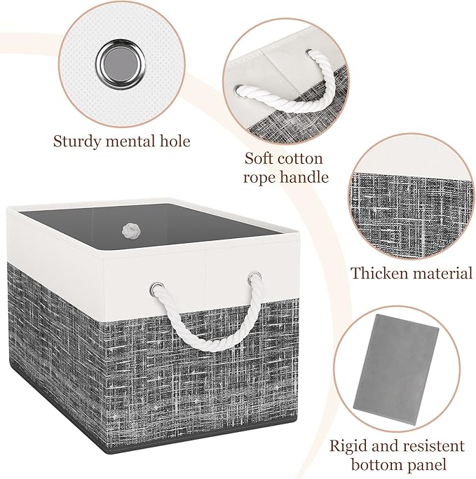 Storage Bin,Collapsible Storage Basket For Organizing,Large Storage Boxes With Rope Handles,Storage Containers,White & Black,4 Pack