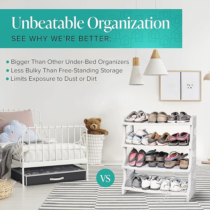 Woffit Under Bed Shoe Storage Organizer – Set of 2 Large Containers, Each Fit 12 Pairs of Shoes – Sturdy Box w/Strong Zipper & Handles – Underbed Organizers for Kids & Adults