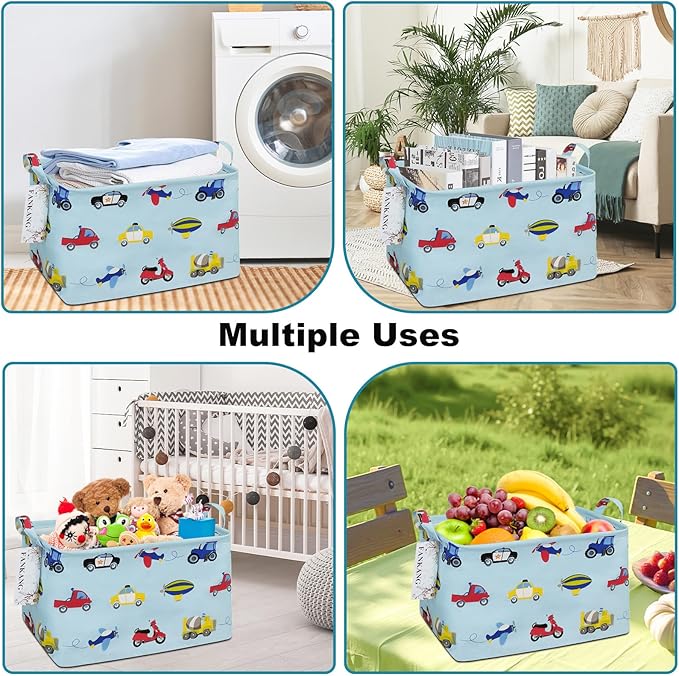 FANKANG Storage Basket,Nursery Hamper Canvas Laundry Basket Foldable with Waterproof PE Coating Storage, Office, Bedroom, Clothes,Toys (Rec-Car)