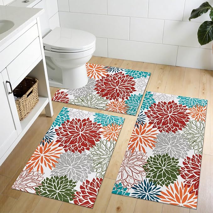 Vaukki Bathroom Rug Set 3 Piece, Non Slip Absorbent Rubber Backed Floral Bath Floor Mat Fit Under Door, Ultra Thin Quick Drying Bath Rug for Shower, Tub and Toilet, 17"x26"+17"x32"+17"x24"U, Red