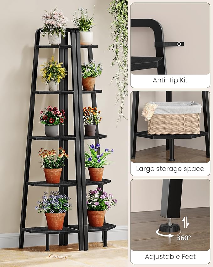 Corner Shelf, 5-Tier Ladder Corner Shelf, Ladder Bookshelf, 59.6" Tall Vertical Display Stand, Metal Frame Bookshelf, for Living Room, Bedroom, Kitchen, Black TCJ20BB