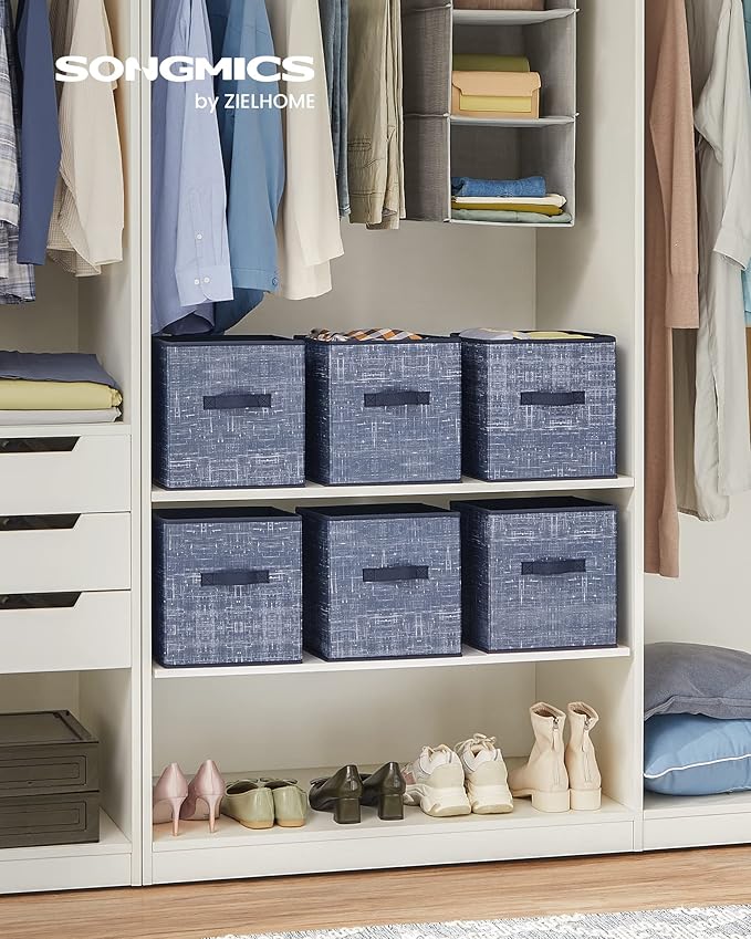 SONGMICS Storage Cubes, 11-Inch Non-Woven Fabric Bins with Double Handles, Set of 6, Closet Organizers for Shelves, Foldable, for Clothes, Misty Blue UROB026I01