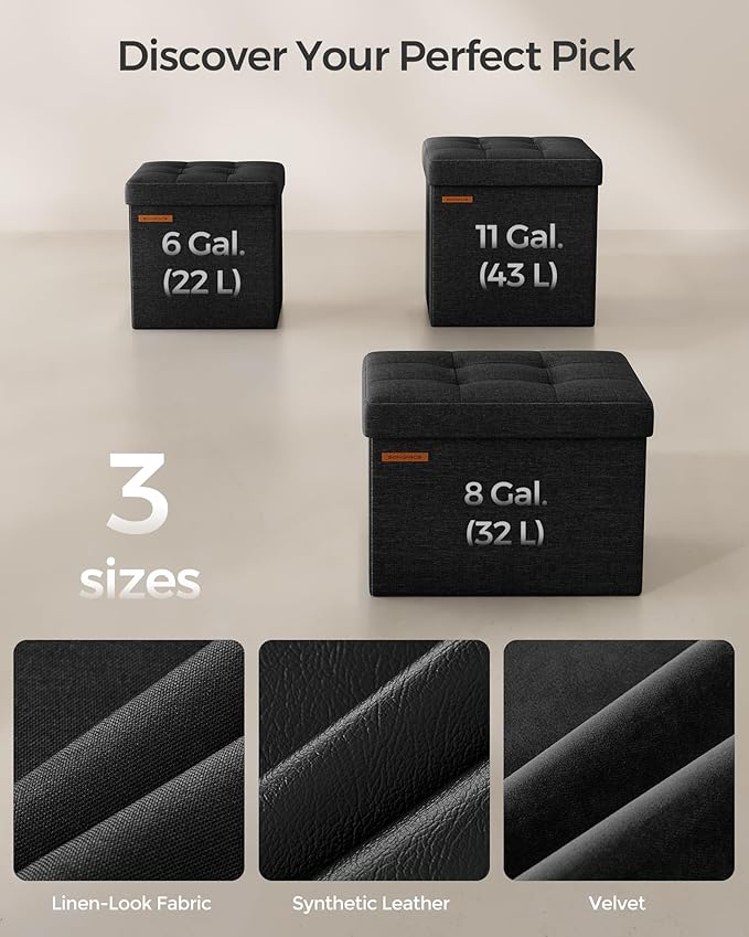 SONGMICS Storage Ottoman, Foldable Small Ottoman Foot Rest, 11.8 Inches Foot Stool, Cube Ottoman with Storage, Load up to 286 lb, for Living Room, Bedroom, Dorm, Ink Black ULSF028B01