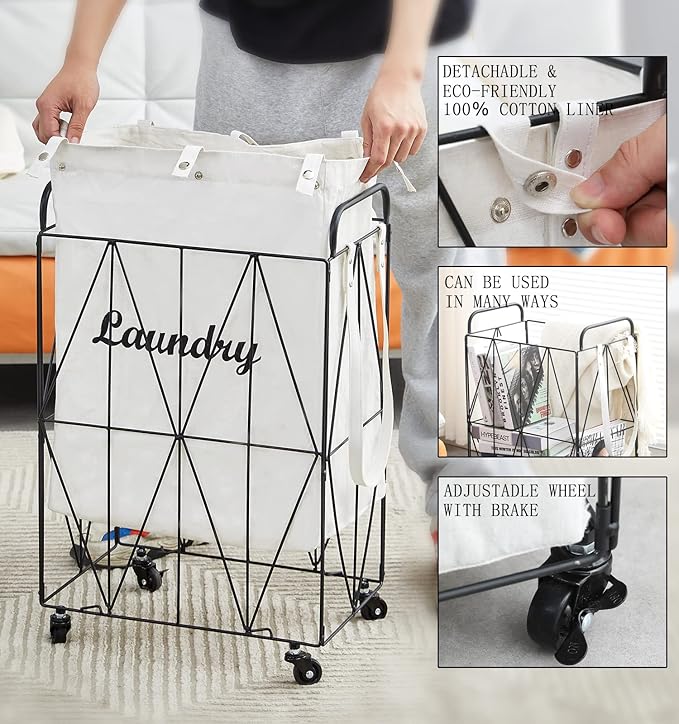 Mxfurhawa Iron Wire Laundry Hamper With Rolling Lockable Wheels, FoldinLaundry Storage Basket with Handles,Detachable Liner Collapsible Dirty Laundry Cart Sorter Clothes Basket Organizer (81-Black)