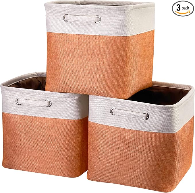 Fabric Cube Storage Boxes Foldable Storage Bins 13-Inch Orange and Beige Patchwork Storage Baskets Cube Storage Bins with Handle Cube Inserts Storage for Home and Office Supplies 3 Pcs/Pack, Sy-1