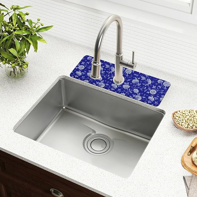 Blue and White Leaf Flower with Borders Kitchen Sink Splash Guard Sink Faucet Mat Faucet Handle Drip Catcher Drain Mats for Kitchen Bathroom Countertop Absorbent
