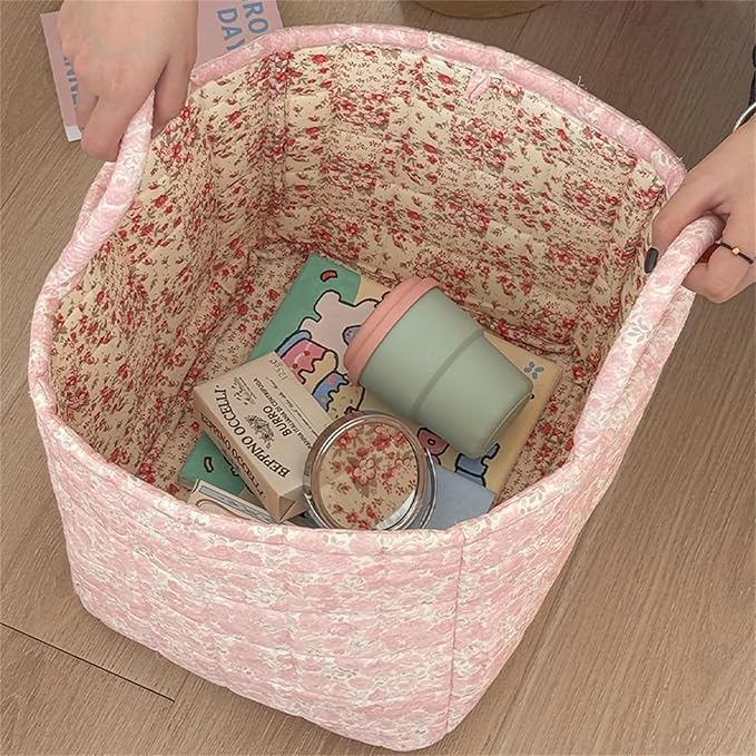 Quilted Fabric Storage Basket with Handles & Pocket, Foldable Laundry Hamper Boho Floral Print Organizer Bin for Home, Picnic, Office 12"x10"x10" (A-4)