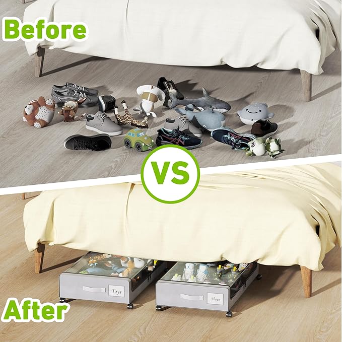 Under Bed Storage with Wheels, XXL 60L Under the Bed Storage Bins, Underbed Storage Containers with Lids & Label, Rolling Metal Drawer for Shoes, Clothes, Books, Toys (2-Pack Gray)