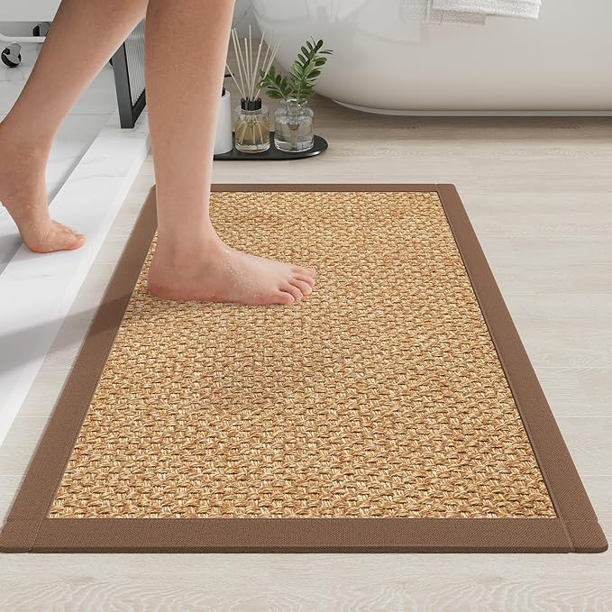 YDKGL Bath Mat Bathroom Rugs Non Slip Washable, Soft Jute-Like Ultra Thin Bath Mats, Rubber Backing Super Absorbent Quick Dry Thin Bath Rug Shower Mat Fit Under Door Bathroom Tub Floor, Brown 20"x32"