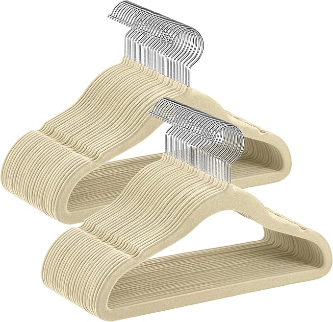 SONGMICS Baby Kids Hangers 50 Pack for Closet, 11.8 x 8.1 Inches, Silver 360° Swivel Hooks, Space-Saving Clothes Velvet Hangers for Nursery, Non-Slip, Summer Sand UCRF027K05