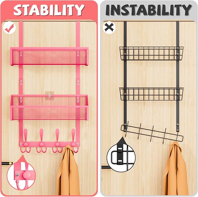 Kaiferty Over The Door Hooks Organizer, Coat Rack Over The Door Storage Hanger Towel Rack, Back of Door Storage Organizer for Bathroom,Bedroom,Kitchen,Office (Pink, 3-Tier)