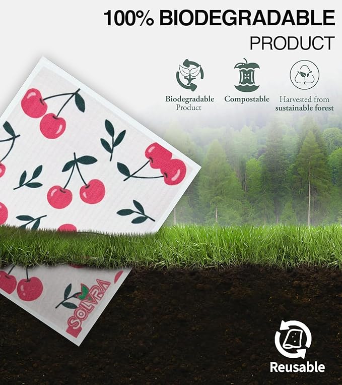 5 PCS Fruit Print Swedish Dishcloths for Kitchen 100% Biodegradable, Reusable Cellulose Sponge Cloths Ultra Absorbent, Eco Friendly Cleaning Towels Dishcloths for Washing Dishes & General Cleaning