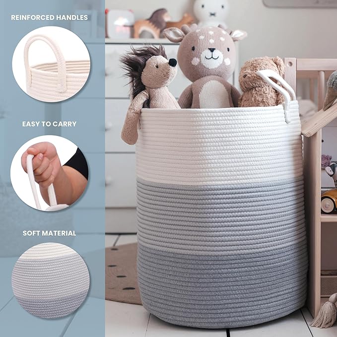OrganiHaus Large Gray Woven Laundry Basket w/Handles 52L, Rope Dirty Clothes Hamper, Blanket Basket for Living Room, Baby Laundry Hamper for Nursery, Soft & Durable Decorative Organizer Bin