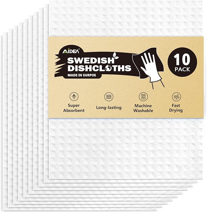 AIDEA Swedish Dishcloths for Kitchen, 10PK, White, Absorbent Sponge Dish Cloth, Dishcloths for Washing Dishes, Reusable Paper Towels Dish Cloths, Swedish Towels for Home, Kitchen, Glass, 7" x 6"