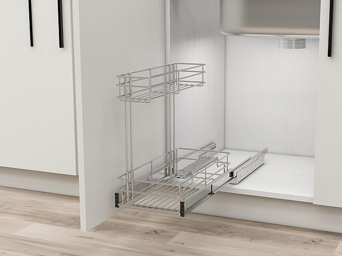 STORKING Under Sink Organizer 9" W X17 D, Pull Out Cabinet Organizer 2 Tier, Under Sink Slide Out Chrome Plated, Under Kitchen Bathroom Organizer, Pantry Cabinet Closet Organization Rack, 1 Pack