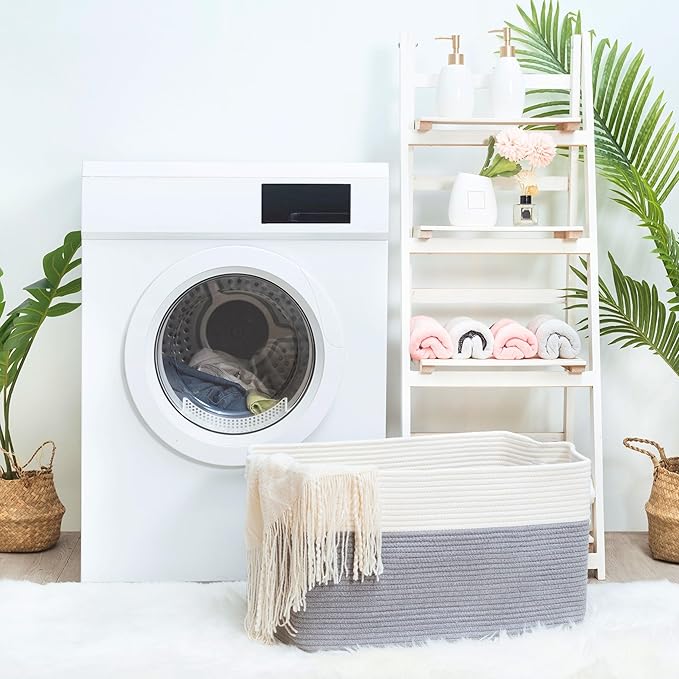 MINTWOOD Design 22in Extra Large Blanket Basket Holder Living Room, Rectangle Rope Woven Storage Basket with Handles for Laundry, Pool Towels, and Shoes, Dog Toy Organizer Bin Box, Gray