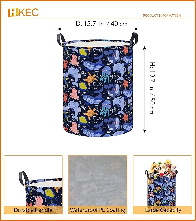 19.7" Laundry Basket, Dirty Clothes Hamper, Waterproof Storage Bin, Room Decor, Gift Baskets,Nursery Hamper(Line Ocean)