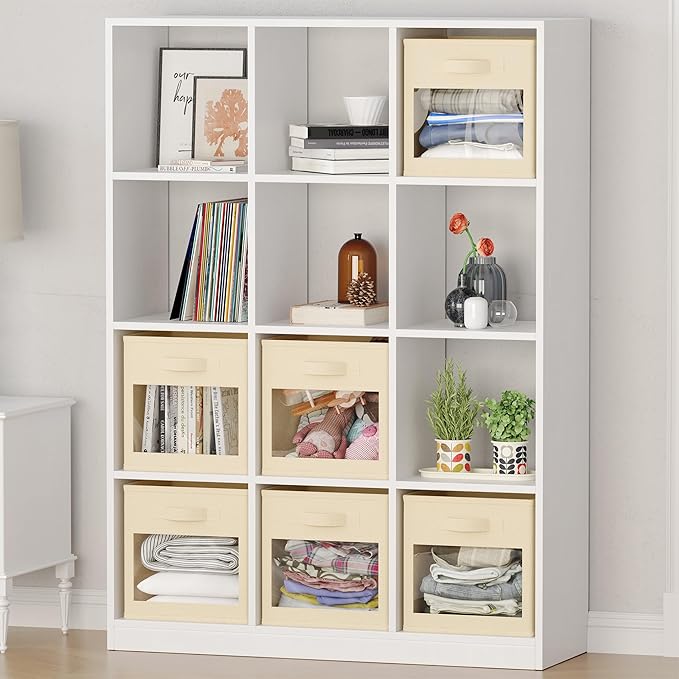SpaceAid Storage Cubes with Clear Windows, Set of 6 Fabric Bins, 11 Inch Foldable Baskets Boxes for Closet, Cubby Shelf or Cube Storage Organizer, Beige