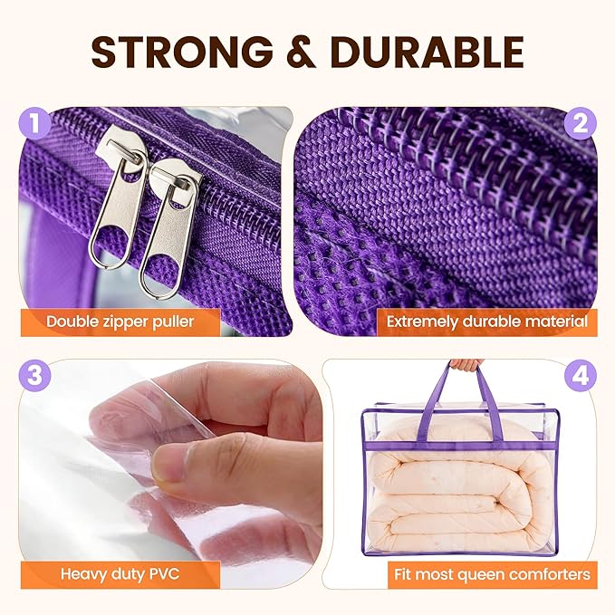 10 Pack Clear Clothes Storage Bags, Double Zipper Design 40L Underbed Moving Bags for Blankets and Clothes, Large Capacity Closet Organizers and Storage for Dormitory, Bedroom, Closet-Purple
