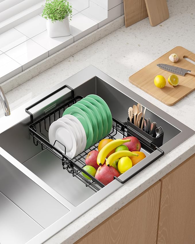 Kitsure Dish Drying Rack – Expandable in-Sink or Over-Sink Dish Rack for Kitchen Counter, Rust-Resistant Metal Dish Strainer with Cutlery Holder, 10.82"-17.12" L x 11.02" W x 3.93" H, Black