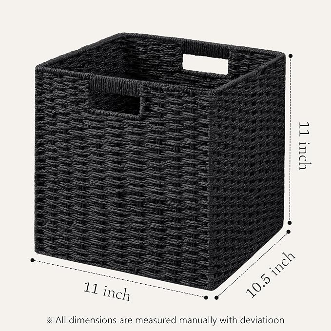 UBBCARE 2 Pack Wicker Basket, 11L×11H×10.5W inch Woven Paper Rope Storage Baskets for shelves, Foldable Cube Storage bin with Handle, Storage Basket for Organizing (Black, Cube-2pack 11")