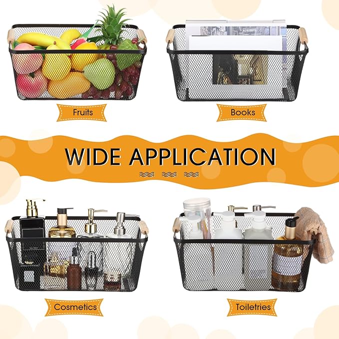 4 Pcs Metal Wire Basket with Wooden Handles Mesh Steel Storage Organizer Bin Containers for Home Organizing Cabinet Pantry Closet Kitchen Fridge Fruit Makeup Snacks Gifts(Large,Black)