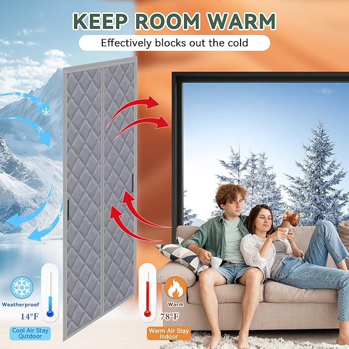 Magnetic Thermal Insulated Door Curtain Fits 36'' x 96'' Doors (Curtain Size 38'' x 98''), Oxford&Cotton Thermal Door Cover Insulation for Winter/Doorway/Attic Doors, Keep Warm, Grey