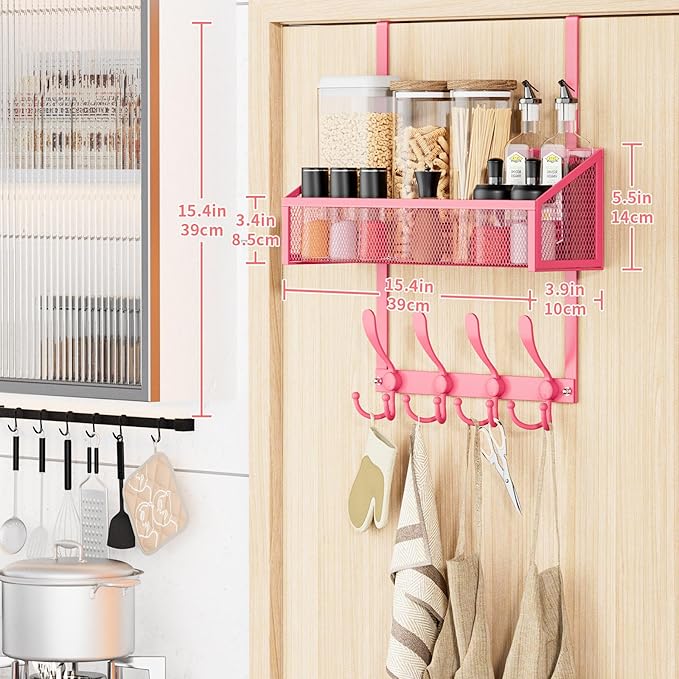 Kaiferty Over The Door Hooks Organizer, Coat Rack Over The Door Storage Hanger Towel Rack, Back of Door Storage Organizer for Bathroom,Bedroom,Kitchen,Office (Pink, 2-Tier)