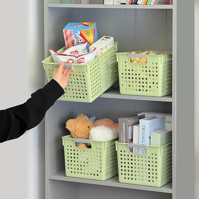 Soddeph 4 Pack Plastic Deep Storage Basket with Handles, Cubbies Organizer Bins with Hollow Design for Under Counter, Closet, Kitchen or Bathroom 12.3" × 8.7" × 6.9"(Green, Medium)