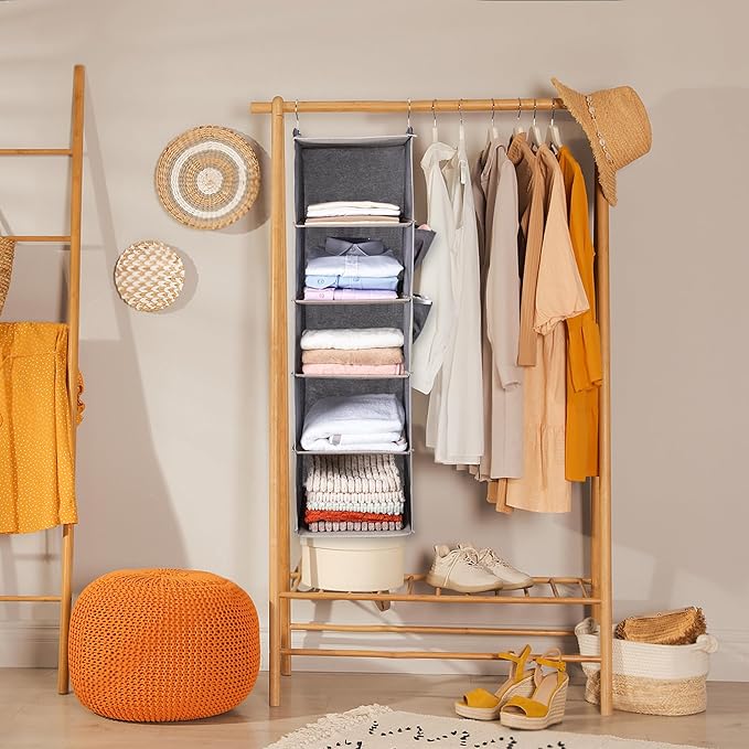 BOOMIBOO Hanging Closet Organize and Shelves，5-Hanging Shelf with 2 Side Pockets，Storage Foldable （Green）