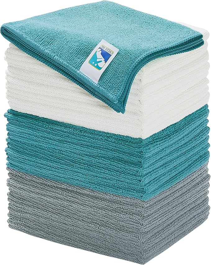 Microfiber Cleaning Cloths for Kitchen and Cars,Reusable and Washable,Pack of 24,Blue/White/Grey, 16" L x 12" W (24)