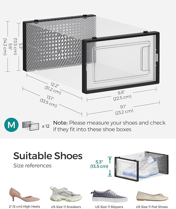 SONGMICS Shoe Boxes, Pack of 12 Shoe Storage Organizers, Stackable Clear Plastic Boxes for Closet, Sneakers, 13.1 x 9.1 x 5.6 Inches, Transparent and Black ULSP006B12