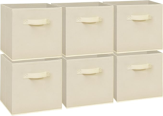 Easi 11 inch Cube Storage Bins, 6 Storage Cube Organizer, Collapsible Fabric storage cubes with Handles, Closet Storage Basket For Organization, Shelf Basket For Shelves Clothes Books, Beige