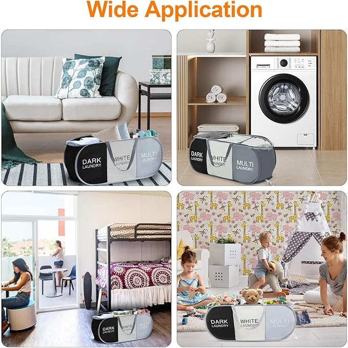 EEEKit 100L Pop Up Laundry Basket, 3 Sections Large Capacity Oxford Cloth Collapsible Laundry Hamper with Reinforced Handles, Space-Saving Sorting Organizer for Dorm Rooms, Bedrooms, Home and Travel